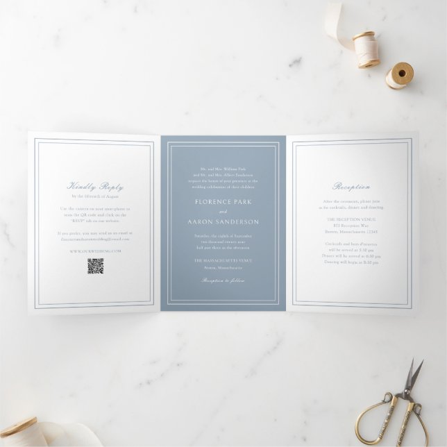 Convite Com Dobra Tripla Código QR Tradicional Azul Empoeirado Casamento At (Dentro)