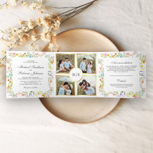 Convite Com Dobra Tripla Colagem de Foto Rustic Wildflower All in One Weddi