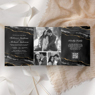 Convite Com Dobra Tripla Colagem de Fotos com Código QR Casamento Charcoal