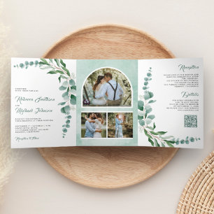 Convite Com Dobra Tripla Colagem de Fotos com Código QR de Casamento com Ga