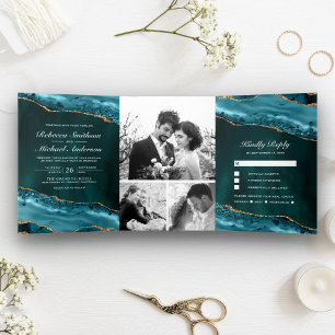 Convite Com Dobra Tripla Colagem de Fotos de Casamento Ágata Azul-Verde e D