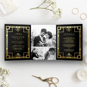 Convite Com Dobra Tripla Colagem de Fotos de Casamento Art Déco Preto e Dou