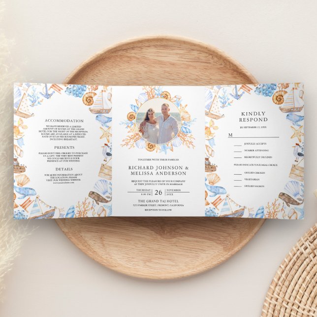 Convite Com Dobra Tripla Colagem de Fotos de Casamento com Moldura Náutica  (Criador carregado)