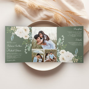 Convite Com Dobra Tripla Colagem de Fotos de Casamento em Verde Sage Floral