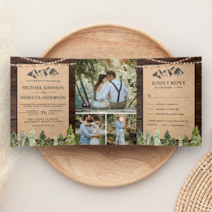 Convite Com Dobra Tripla Colagem de Fotos de Casamento Floresta Montanhosa