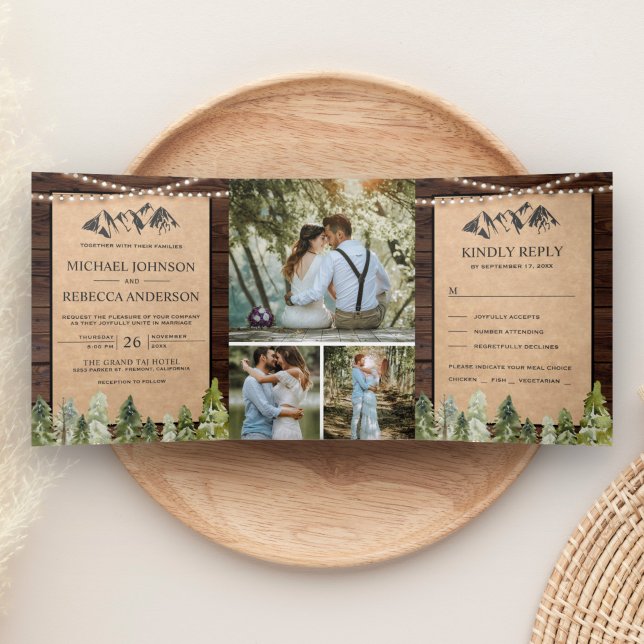 Convite Com Dobra Tripla Colagem de Fotos de Casamento Floresta Montanhosa  (Criador carregado)