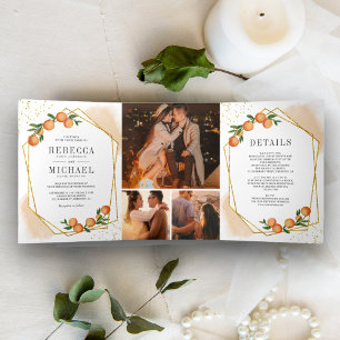 Convite Com Dobra Tripla Colagem de Fotos de Casamento Laranja Cítrico Dour