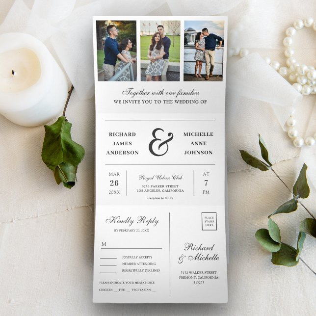 Convite Com Dobra Tripla Colagem de Fotos de Casamento Moderna Branca Minim (Criador carregado)