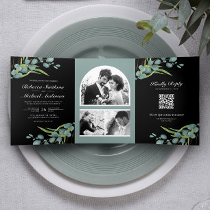 Convite Com Dobra Tripla Colagem de Fotos de Eucalipto Código QR Preto Casa