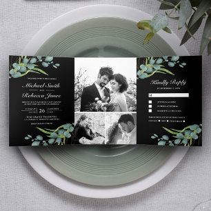 Convite Com Dobra Tripla Colagem de Fotos de Eucalipto Rústico Casamento Pr