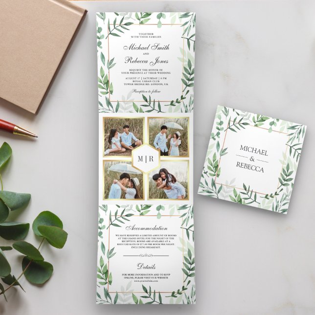 Convite Com Dobra Tripla Colagem de Fotos de Folhas Botânicas para Casament (Criador carregado)