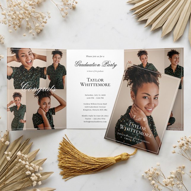 Convite Com Dobra Tripla Colagem de Fotos de Gradução com Letra Elegante pa (Elegant Script Grad Photo Collage Graduation Party Tri-Fold Invitation)