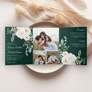 Convite Com Dobra Tripla Colagem de Fotos de Noiva Floral de Marfim Verde E
