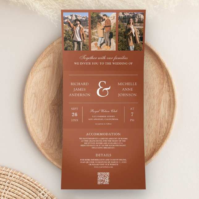 Convite Com Dobra Tripla Colagem de Fotos em Terracota com Código QR para C (Criador carregado)