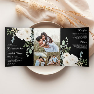 Convite Com Dobra Tripla Colagem de Fotos Preto Floral de Marfim Casamento