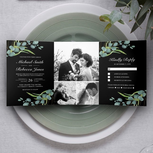Convite Com Dobra Tripla Colagem de Fotos Rústicas de Eucalipto Casamento P (Criador carregado)