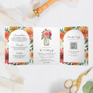 Convite Com Dobra Tripla Colorida Dahlia Floral Jarro de Mason Código QR Ca