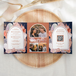 Convite Com Dobra Tripla Conchas Rústicas Náuticas Casamento Código QR Mari