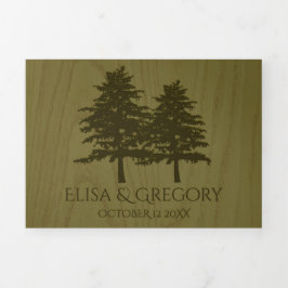 Convite Com Dobra Tripla Coníferas em relevo, casamento rústico com madeira