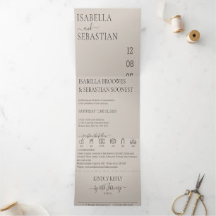 Convite Com Dobra Tripla Conjunto bege macio de casamento tudo em um