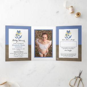 Convite Com Dobra Tripla Conjunto Blue Fox Burlap, Baby Shower