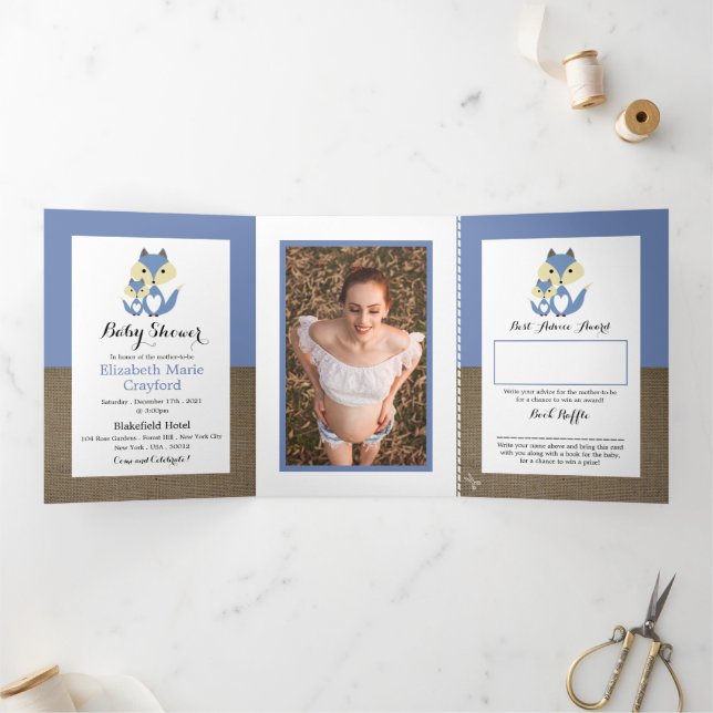 Convite Com Dobra Tripla Conjunto Blue Fox Burlap, Baby Shower (Dentro)
