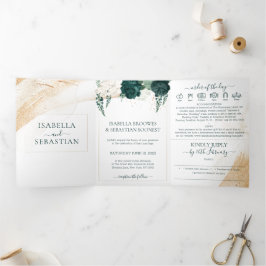 Convite Com Dobra Tripla Conjunto Branco de Casamento com Rosas Verde Esmer