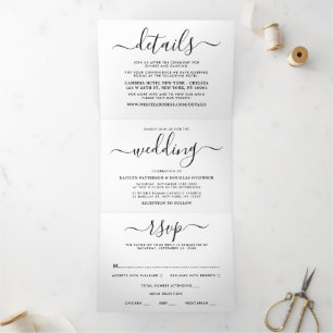 Convite Com Dobra Tripla Conjunto de Casamento de Letra Simples Preto e Bra