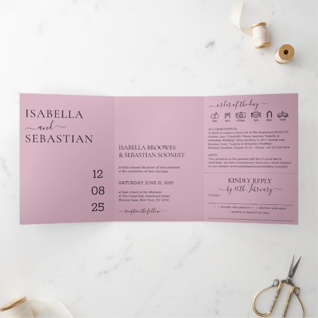 Convite Com Dobra Tripla Conjunto de casamento rosa avermelhado, gentil res (Dentro)