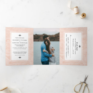 Convite Com Dobra Tripla Conjunto de Casamentos vintage Elegante Rosa Marbl