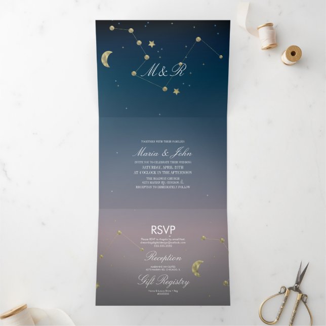 Convite Com Dobra Tripla Constelação Dourada Faux Foil Ombre Sky Casamento (Dentro)