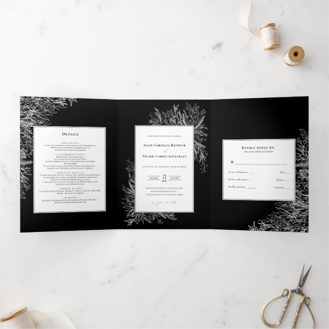 Convite Com Dobra Tripla Convite Tripla para Casamento em Verde Branco Negr (Dentro)