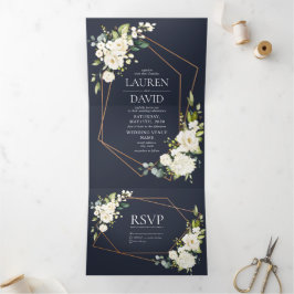 Convite Com Dobra Tripla Copper Geométrico Azul Branco Casamento Floral Sem