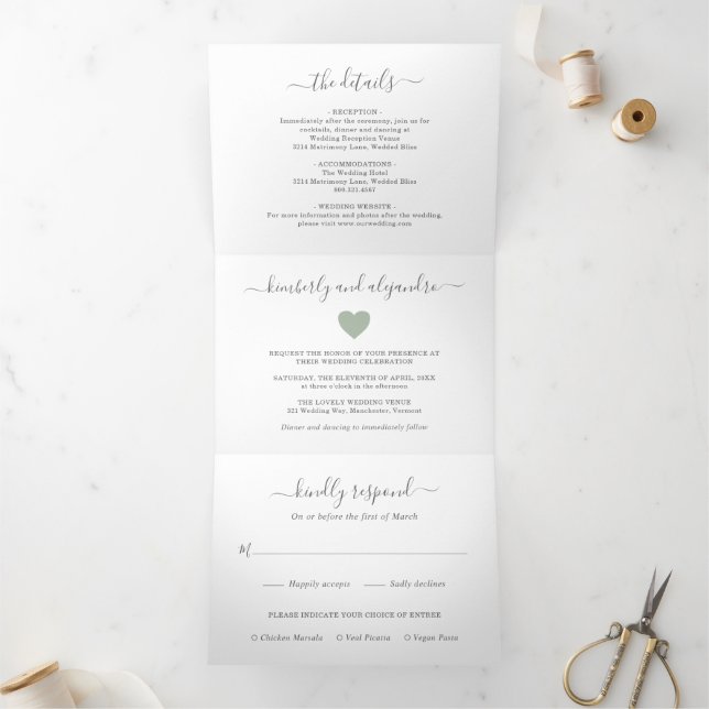 Convite Com Dobra Tripla Coração Fofo Simples Foto Casamento Moderno Verde  (Dentro)