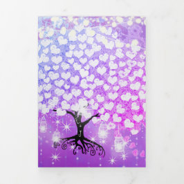 Convite Com Dobra Tripla Coração Roxo Elegante Folha Rosa Casamento Tri-Dob