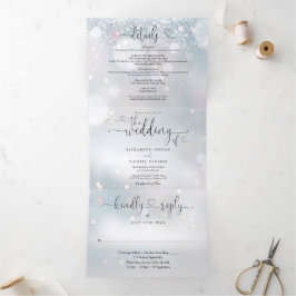 Convite Com Dobra Tripla Coração Script Flocos de Neve Casamento de Inverno