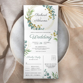 Convite Com Dobra Tripla Coroa de Eucalipto Dourado Moderno para Casamento 
