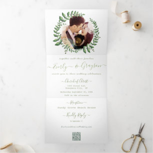 Convite Com Dobra Tripla Coroa de Eucalipto Verde Boho Photo Casamento