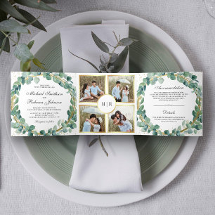Convite Com Dobra Tripla Coroa de Eucalipto Verde e Dourado Rústico Casamen