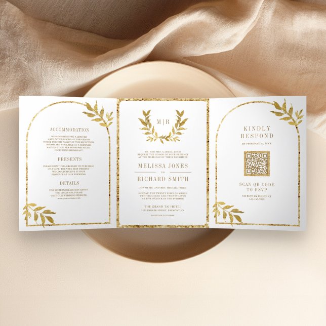 Convite Com Dobra Tripla Coroa de Louros Dourada Folhas Brancas Casamento (Criador carregado)