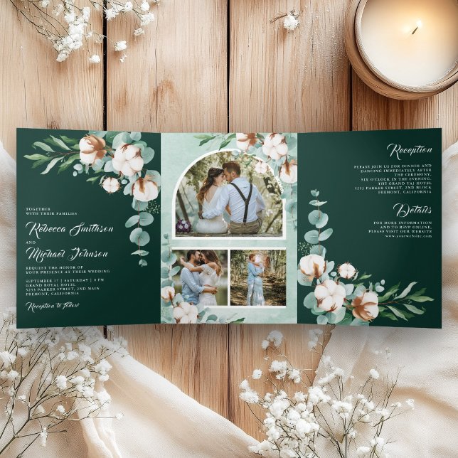 Convite Com Dobra Tripla Cotton Eucalyptus Photo All in One Emerald Wedding (Criador carregado)