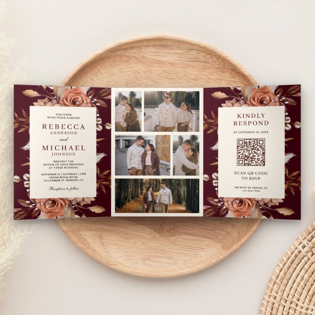 Convite Com Dobra Tripla Cream Terracotta Floral QR Code Burgundy Casamento (Criador carregado)