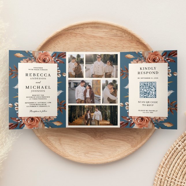 Convite Com Dobra Tripla Cream Terracotta Floral QR Code Dusty Blue Wedding (Criador carregado)