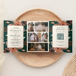 Convite Com Dobra Tripla Cream Terracotta Floral QR Code Emerald Wedding