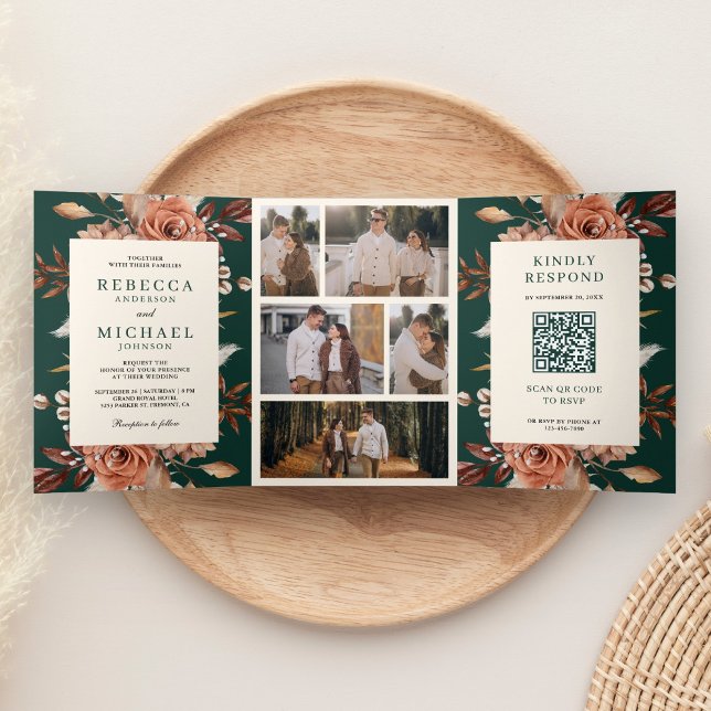 Convite Com Dobra Tripla Cream Terracotta Floral QR Code Emerald Wedding (Criador carregado)
