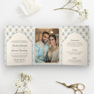 Convite Com Dobra Tripla Creme Azul Pastel Ikat All in One Casamento Indian