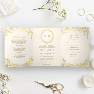 Convite Com Dobra Tripla Creme e Leaf Branch Dourado Tudo em Um Casamento