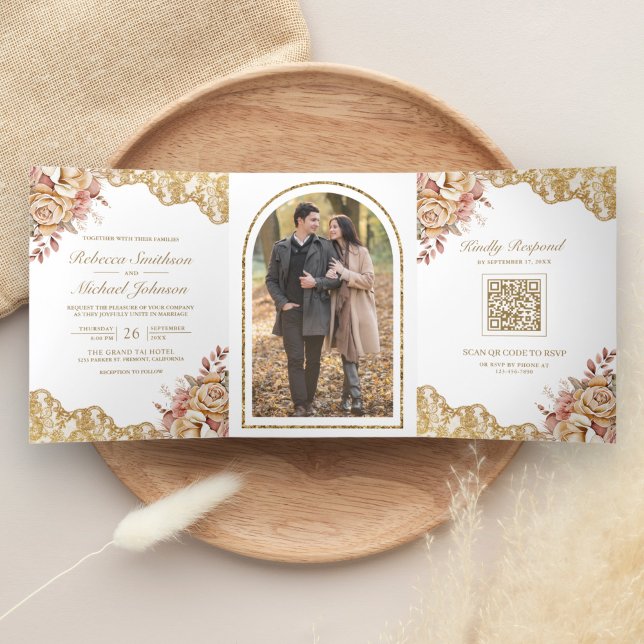Convite Com Dobra Tripla Creme Floral Dourado Renda Código QR Foto Casament (Criador carregado)