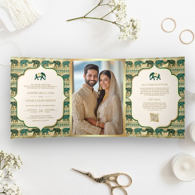 Convite Com Dobra Tripla Creme Verde Esmeralda Ouro Elefante Casamento Indi (Criador carregado)
