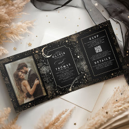 Convite Com Dobra Tripla Crescent Moon Stars Celestial Black Weding Photo